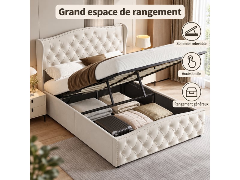  Yyxldynb lit coffre 140x190 cm avec rangememt, lit double rembourré avec sommier à lattes, cadre de lit 2 places avec tête de lit capitonnée, lit adulte, velours beige  - Conforama E
