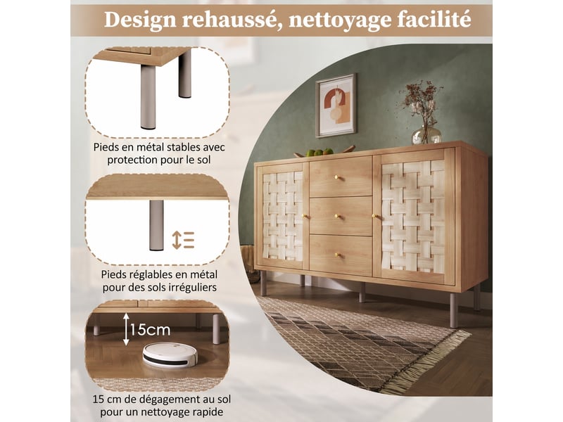 Buffet 120 cm à 2 portes et 3 tiroirs, style campagne, couleur chêne - Conforama E