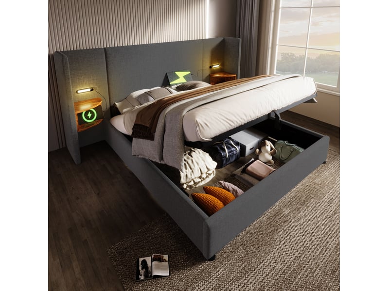  Lit double 180 x 200 cm avec rangement hydraulique, lampes de lecture et recharge usbtype-c, gris  - Conforama D