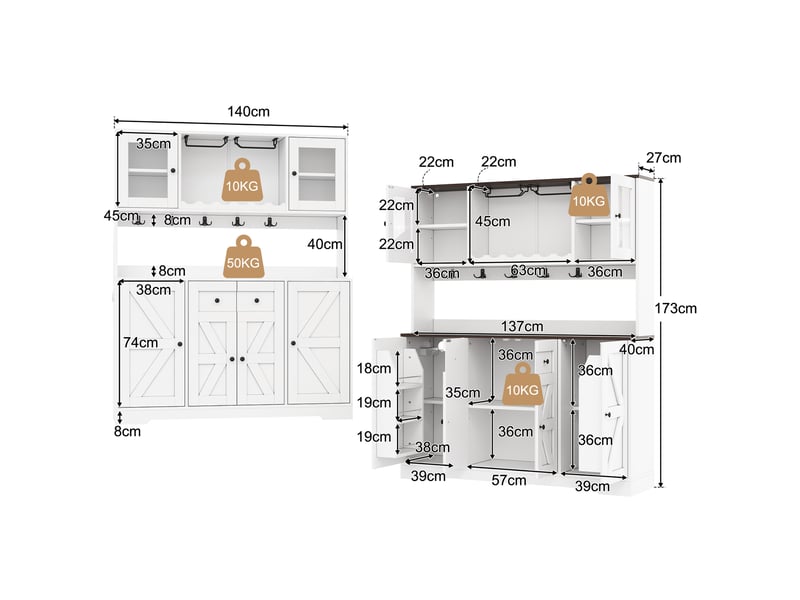  Buffet de cuisine haut 140x40x173 cm blanc avec led rgb, 2 prises + 2 usb, casier à vin et porte-verres Fay Lum - Conforama C
