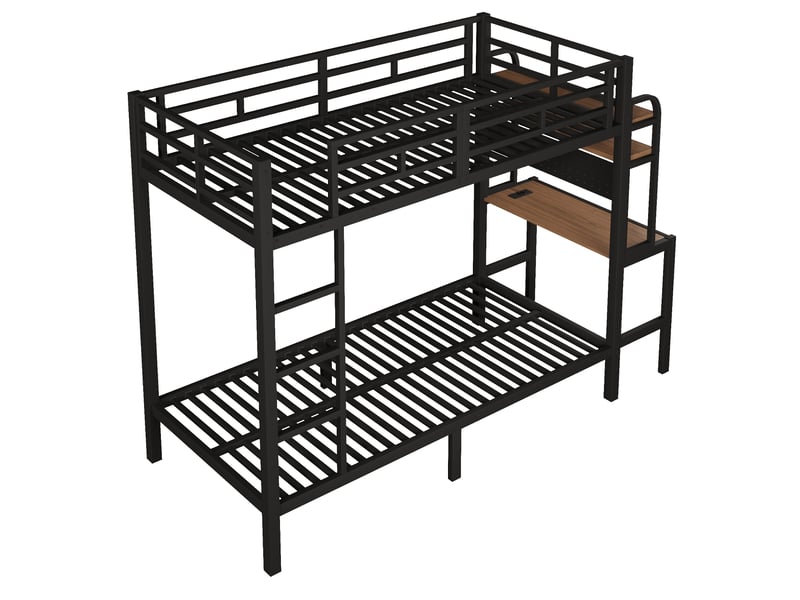  Lit superposé 90x200 cm noir en métal avec bureau, led, usb et garde-corps  - Conforama D