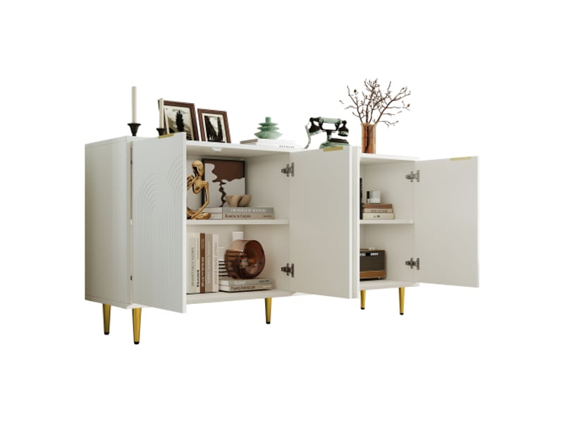  Buffet 160×80×40 cm de salon, commode à 4 portes, poignées dorées brossées et pieds de table brillants, buffet haut, blanc  - Conforama D