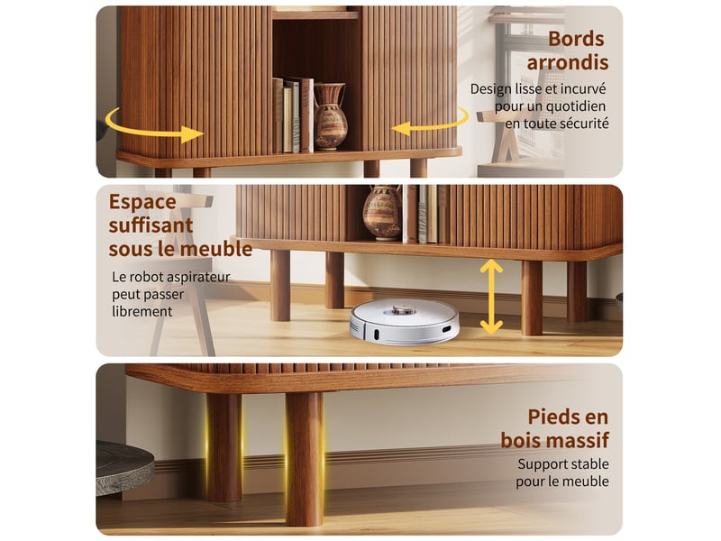  Meuble haut de cuisine 110 x 40 x 160 cm, porte à rideau, façade cannelée, angles arrondis et pieds en bois massif, bois foncé  - Conforama E
