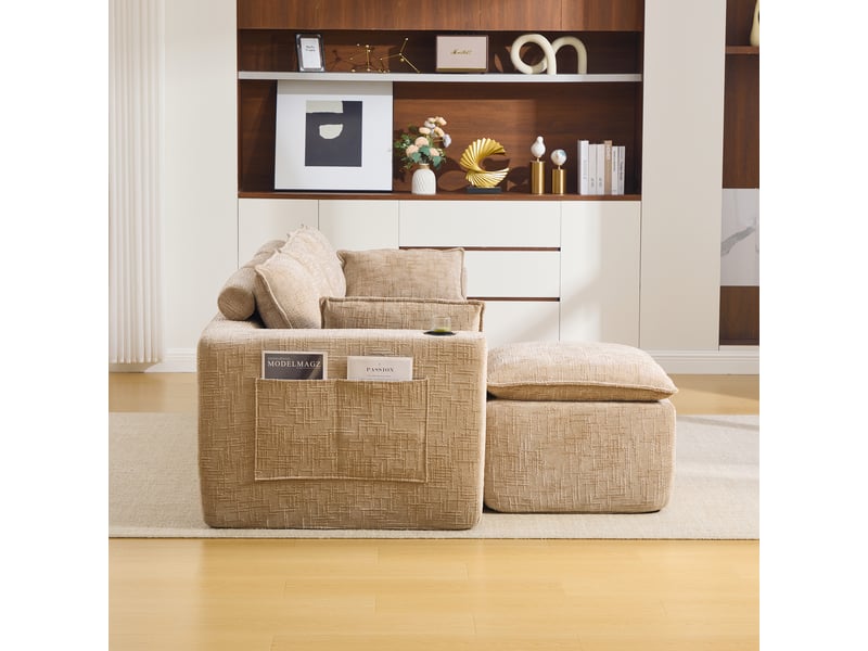 Canapé modulaire 3 places avec repose-pieds 256x161x75 cm chenille kaki porte-gobelet - Conforama E