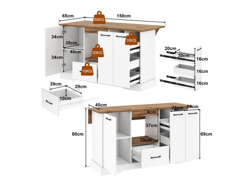 Îlot de cuisine rangement 150x4565x80 cm - surface modulable - tiroirs de rangement - étagères réglables - mdf - blanc et bois naturel CozyNest - Conforama C