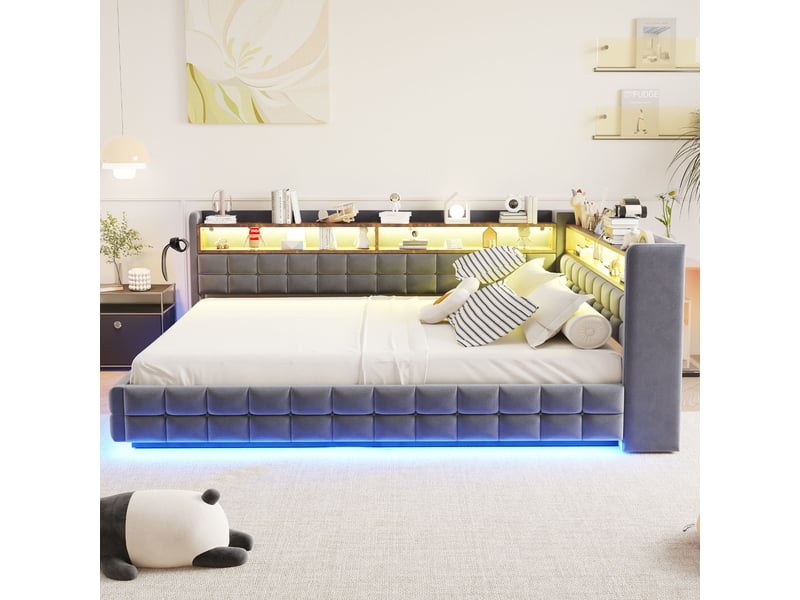 Lit coffre hydraulique 140x200 cm avec étagères, led et prises usb-c, velours gris foncé, sans matelas - Conforama W