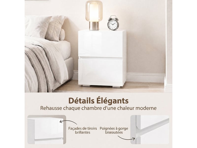  Lot de 2 tables de chevet 2 tiroirs façades brillantes blanc 40 x 40 x 58 cm  - Conforama E