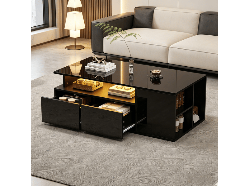  Table basse noire brillante avec led 100x50 cm - 2 tiroirs et rangements multiples - charge 60 kg  - Conforama B