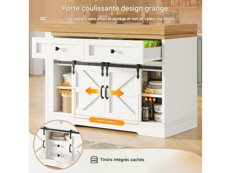  Îlot de cuisine avec table pivotante extensible en mdf blanc et chêne 120-197x40x72 cm N620ZG260616W - Conforama E