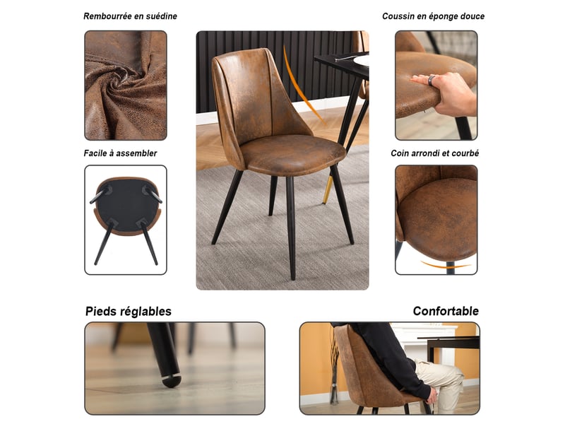  Lot de 2 chaise de salle à manger rembourré en suédine, pieds métal, marron  - Conforama D