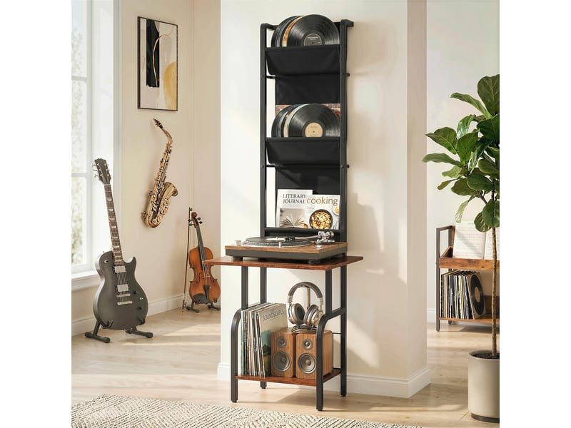  Présentoir à cd industriel, support de rangement pour cd et dvd avec 3 poches en tissu et plateau, aspect bois rustique marron  - Conforama B