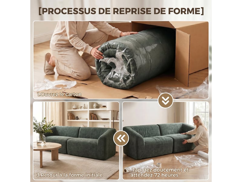  Canapé 3 places en chenille 225 cm, canapé salon rembourré moderne avec assise large, vert foncé, coussin à ressorts  - Conforama W