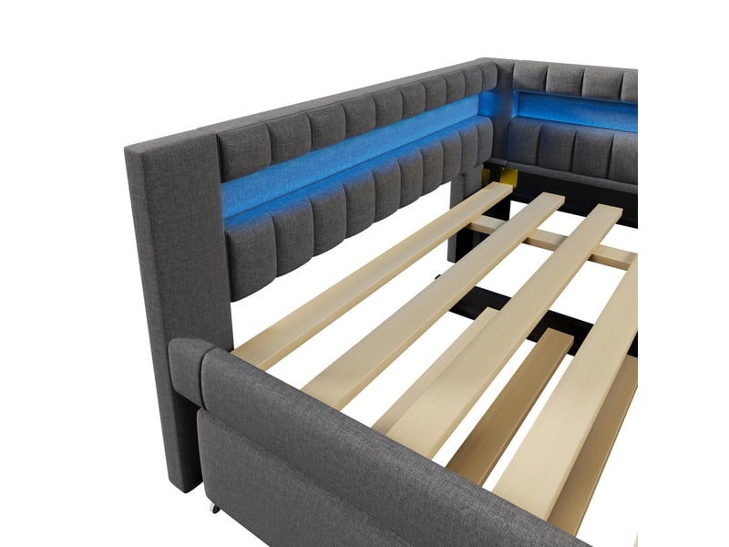  Lit banquette 140x200 en lin gris avec led - lit gigogne 90x190 et ports usbtype-c intégrés  - Conforama R