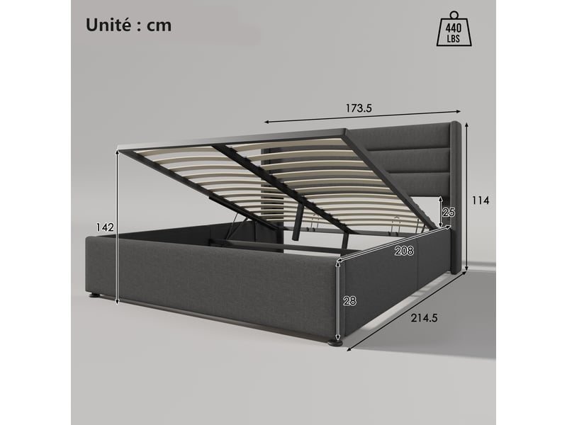  Lit coffre 160x200 cm - lit double capitonné beige avec sommier à lattes - lin - sans matelas  - Conforama C