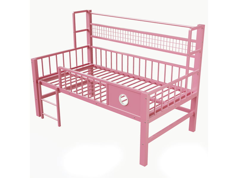  Lit mezzanine 90x200 cm avec sommier à lattes, cadre de lit adulte en métal, lit 1 personne, lit adulte, rose, lit simple  - Conforama W