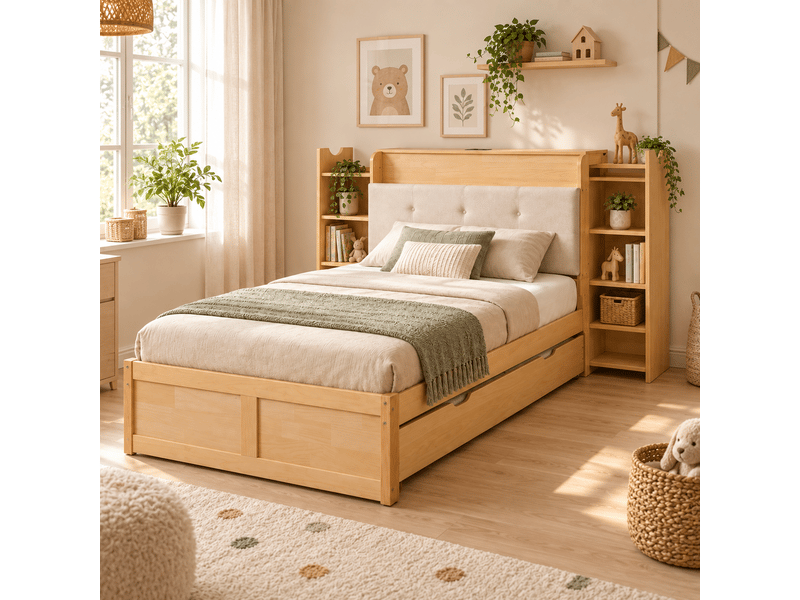  Lit gigogne 90 x 200 à 180 x 200 cm avec tête de lit rangement et roulettes, pour enfant ou chambre d’amis, bois massif et mdf, naturel OMNIGLINT TRADING LTD - Conforama C