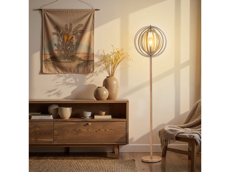  Lampadaire sur pied circulaire 40 w max. Abat-jour bois naturel clair dim. Ø 38 x 160 cm  - Conforama C