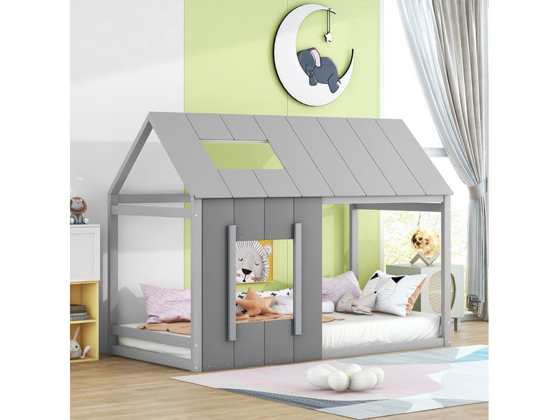  Lit simple enfant 90x200cm, lit cabane, design maison, lit en bois, gris foncé + clair  - Conforama D