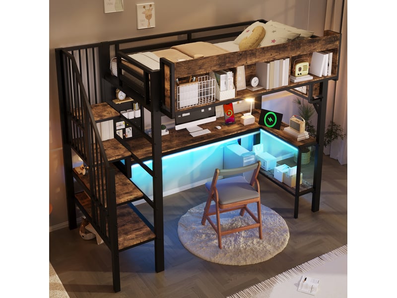  Modenvie lit mezzanine 90x200 cm - bureau d angle, rangements intégrés, led - sans matelas - bicolore  - Conforama D