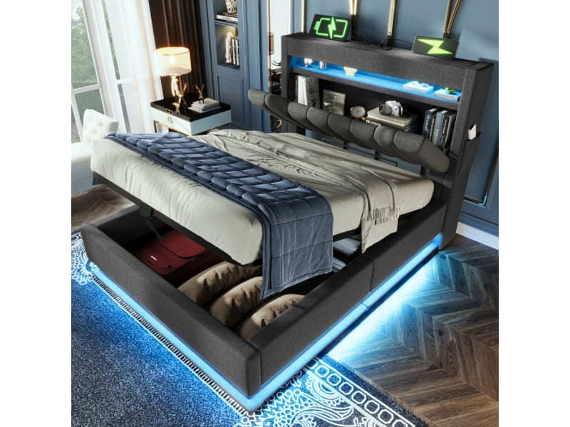  Lit coffre 90x200 cm, lit enfant avec tête de lit de rangement, prise usb et led, tissu en lin gris sans matelas  - Conforama B