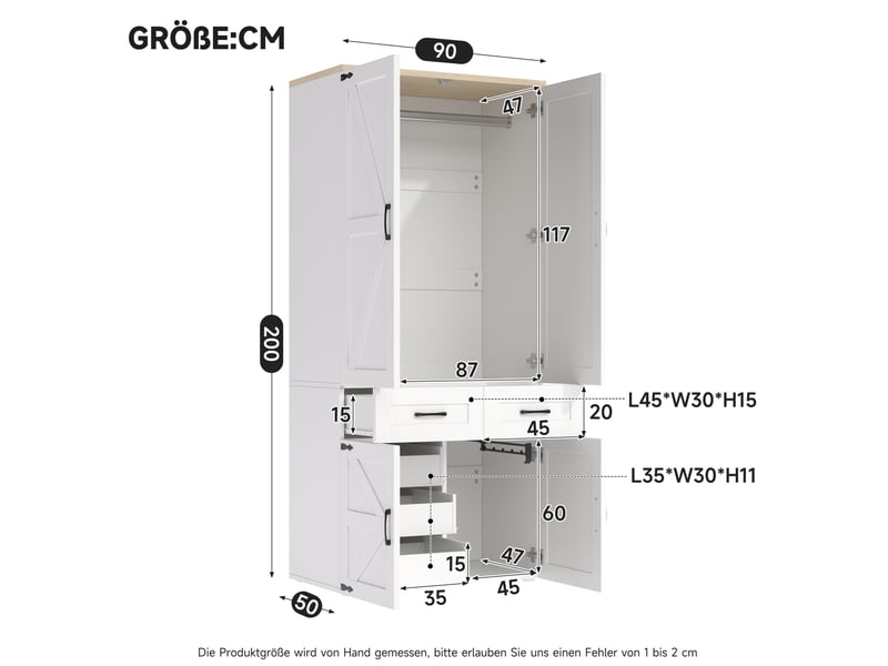 Armoire 90x50x200 cm 4 portes, 2 tringles et 5 tiroirs mdf blanche - Conforama E