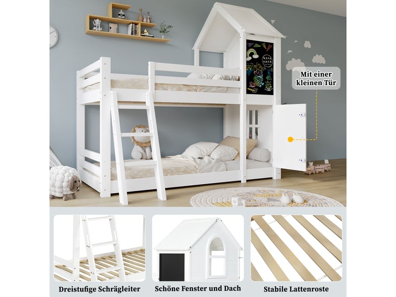  Lit superposé cabane 90 × 200 cm, blanc, pin et mdf, petite porte, tableau, fenêtres et toit, échelle 3 marches, lattes stables  - Conforama D