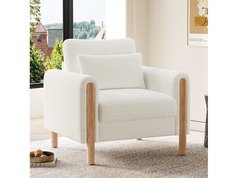  Fauteuil moderne 87x83x88,5 cm, blanc, assise épaisse, tissu bouclette, avec accoudoirs et coussin amovible  - Conforama B