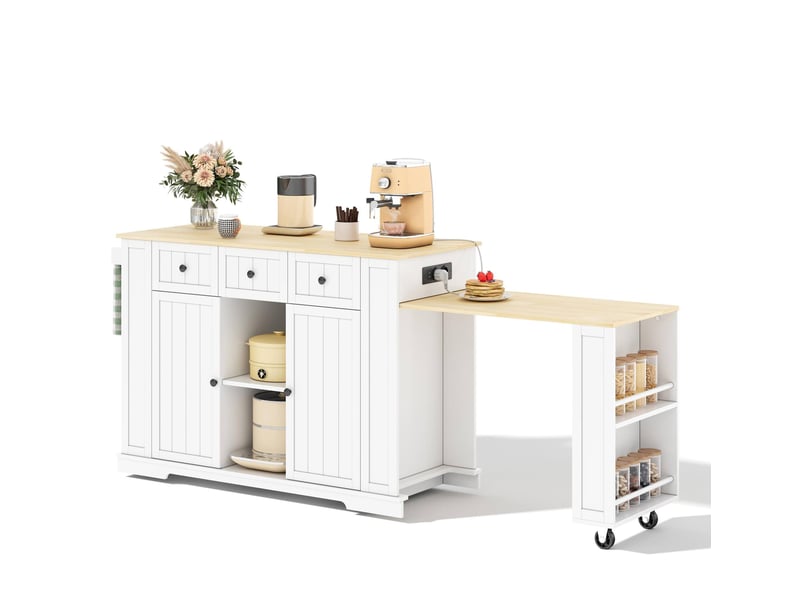  Îlot de cuisine mobile avec table extensible 138-213 x 55 x 93 cm, blanc et bois  - Conforama A