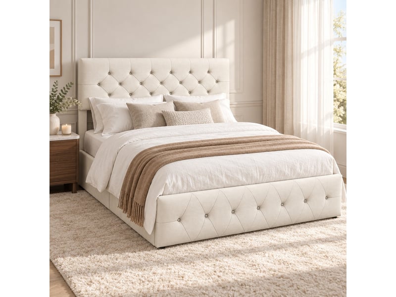 Lit coffre 2 places 160x200 cm, lit adulte avec rangement, tête de lit réglable, velours beige - Conforama B