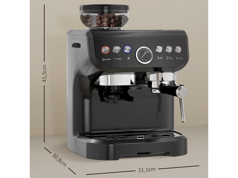  Machine à expresso 1600w avec moulin à grains, buse vapeur, pompe italienne 15 bars, réservoir d'eau 2 l, noir  - Conforama C