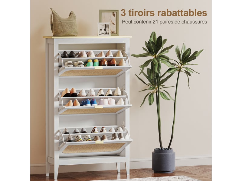  Meuble à chaussures 21 paires bohème avec 3 tiroirs rabattables, portes effet cannage rotin, blanc, 80 x 24 x 131 cm  - Conforama E