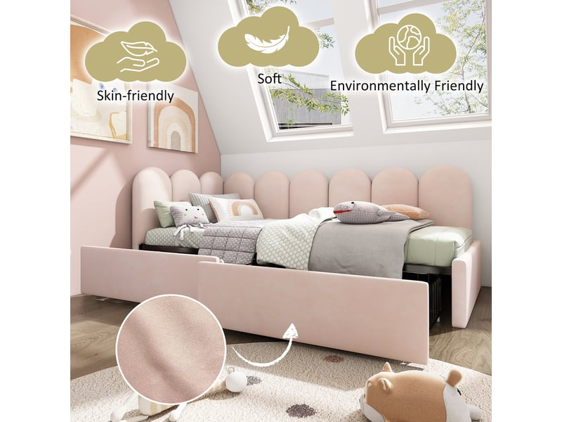  Lit banquette 190×90 cm avec 2 tiroirs de rangement et côtés interchangeables, sans matelas, en velours rose  - Conforama E