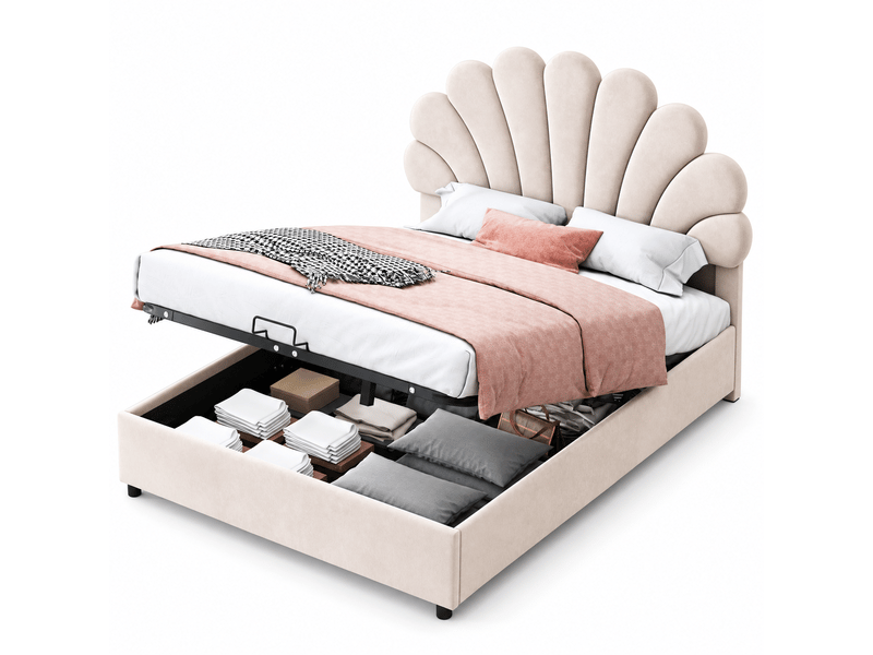 Lit coffre rembourré 2 places 140x200 cm avec rangement hydraulique, tête de lit fleur réglable en hauteur, sommier à lattes, velours beige  - Conforama A