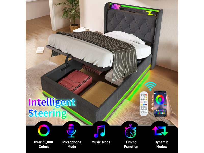  Lit coffre 160x200 cm, rangement hydraulique, éclairage led, usb et usb-c, tête de lit avec rangement pour chambre - gris  - Conforama D
