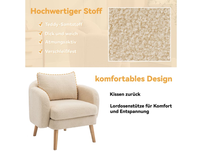  Fauteuil salon moderne en velours teddy beige, coussin amovible, structure bois massif, assise confortable pour intérieur  - Conforama E