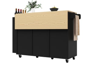 Desserte de cuisine 110 x 42 x 90 cm noire en mdf, plateau rabattable, portes coulissantes sur roulettes