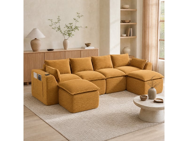  Canapé modulable modenvie 4 places orange en velours côtelé avec 2 repose-pieds, coussins, porte-gobelets et poches latérales 322 x 161 x 75 cm  - Conforama B