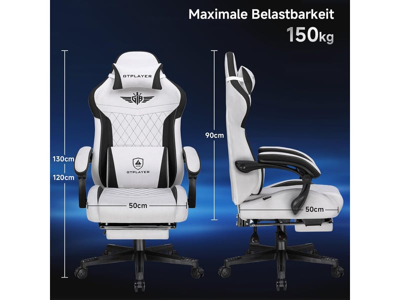  Gtplayer chaise de jeu ergonomique avec soutien lombaire et dossier large 150kg - tissu gris GT832-GY - Conforama E