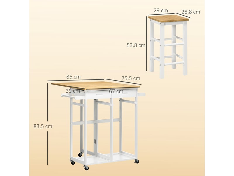 Ensemble table de bar pliable roulettes + 2 tabourets blanc et bois clair - 2 tiroirs et porte-torchons  - Conforama E