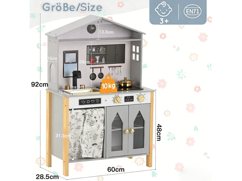  Kitchenette enfant en mdf grise avec accessoires, évier et rangements, dès 3 ans, pour jeux créatifs à la maison  - Conforama C