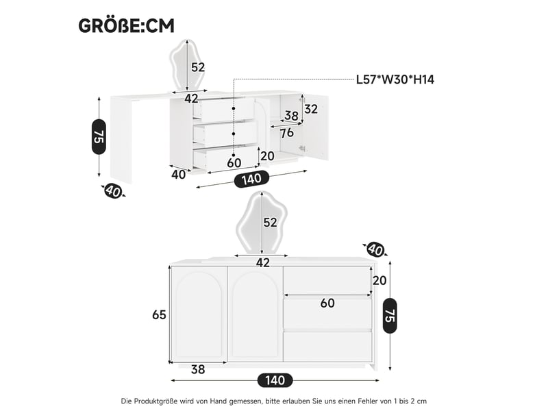  Coiffeuse 3 tiroirs, 2 portes et miroir à LED, meuble de maquillage pour chambre à coucher  - Conforama R