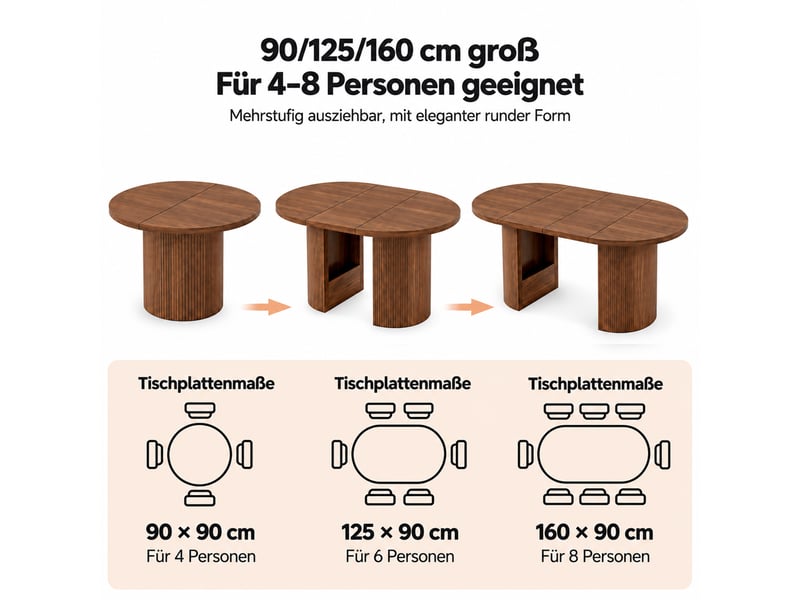 Table à manger extensible 90125160 x 90 cm, 4-8 personnes, noyer, mdf  - Conforama D