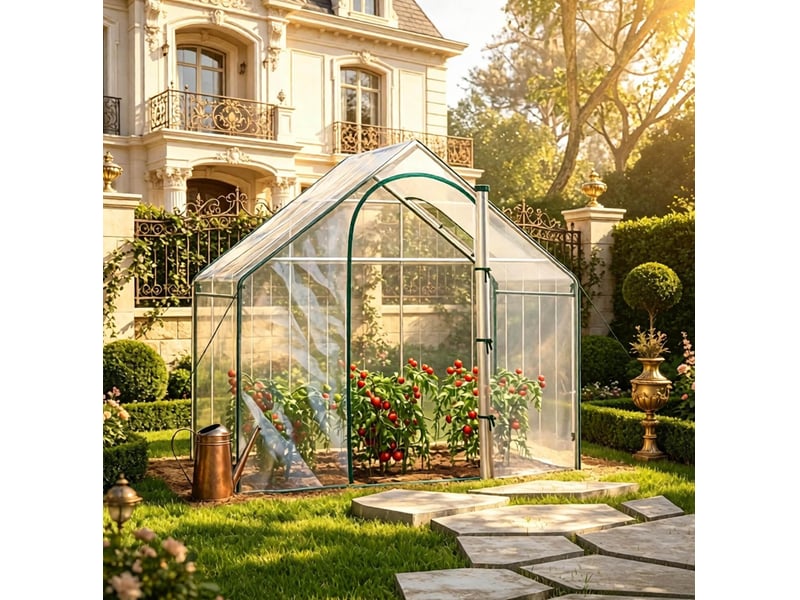  Serre de jardin compacte 180x100x168 cm – verte et transparente – porte zippée, fenêtre d'aération et accès pratique  - Conforama B
