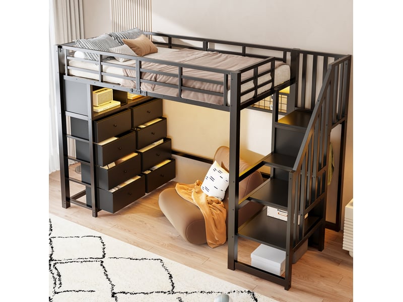  Lit mezzanine 90x200 cm avec rangements mdf et métal couleur noir  - Conforama E