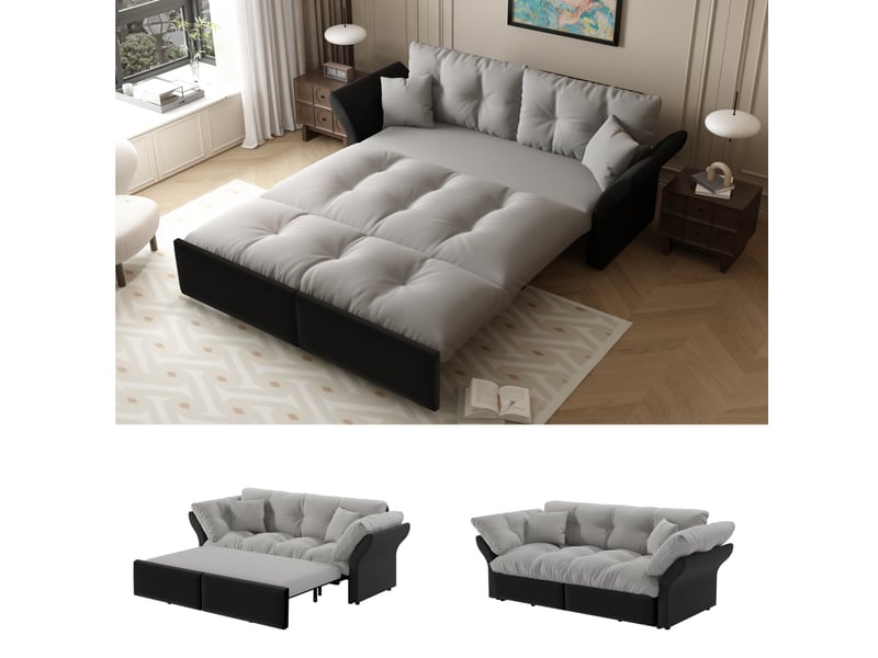  Canapé-lit convertible 3-en-1 2 places 190x85x91 cm, canapé extensible capitonné, couchage 154x203 cm, méridienne, 2 coussins, velours gris clair  - Conforama B