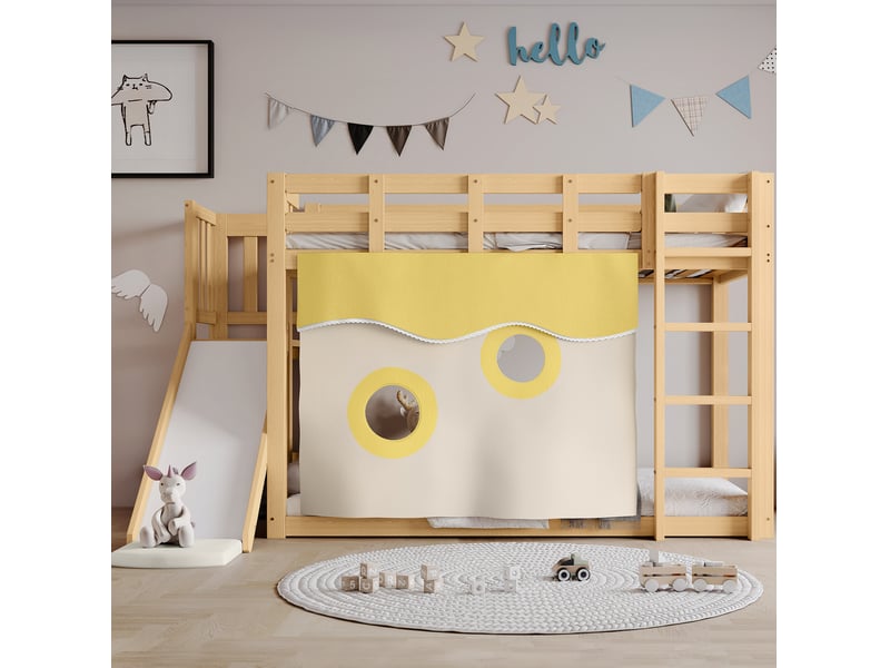 Lit superposé enfant ulevr avec toboggan et rideaux 90x200 cm, escalier, barrières de sécurité, bois et mdf, coloris naturel - Conforama B