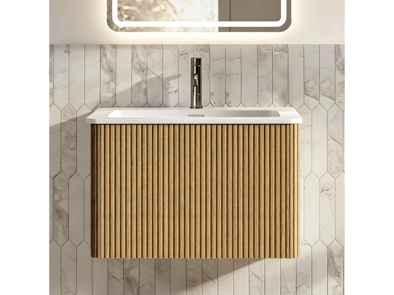  Meuble sous vasque 60 cm suspendu avec lavabo en résine minérale, couleur chêne naturel  - Conforama B