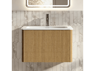 Meuble sous vasque 60 cm suspendu avec lavabo en résine minérale, couleur chêne naturel