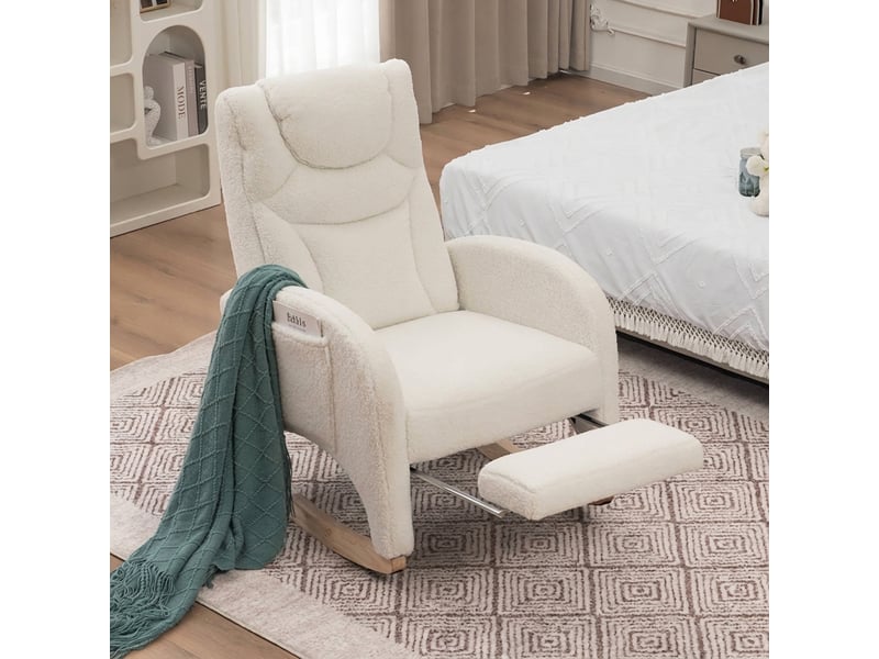  Chaise à bascule en tissu teddy blanc avec repose-pieds pliable, fauteuil relax salon, capacité 110 kg  - Conforama B