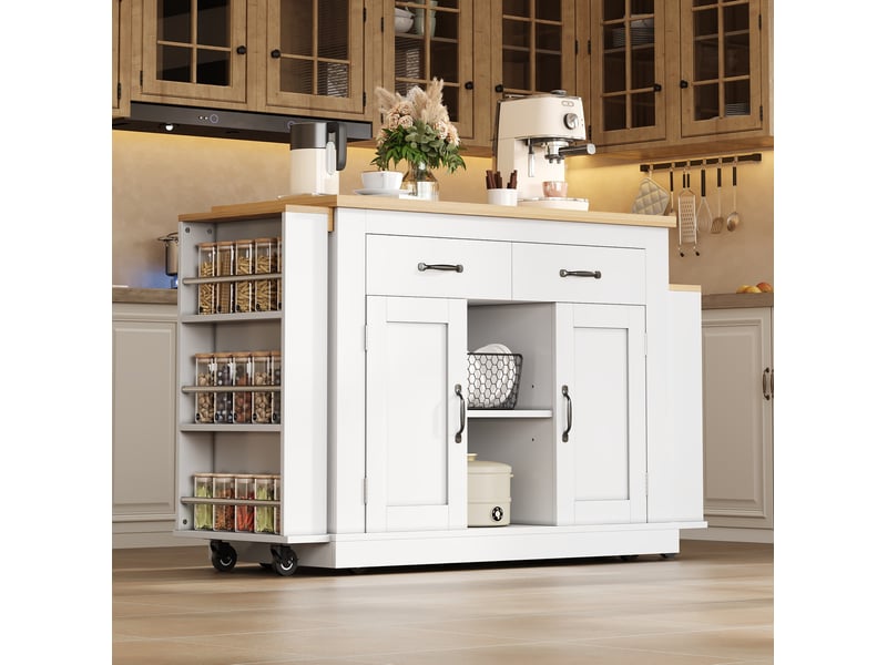  Desserte de cuisine mobile avec 2 tiroirs, plans extensibles, prises et ports usb, blanche, 142 × 55 × 93 cm  - Conforama C